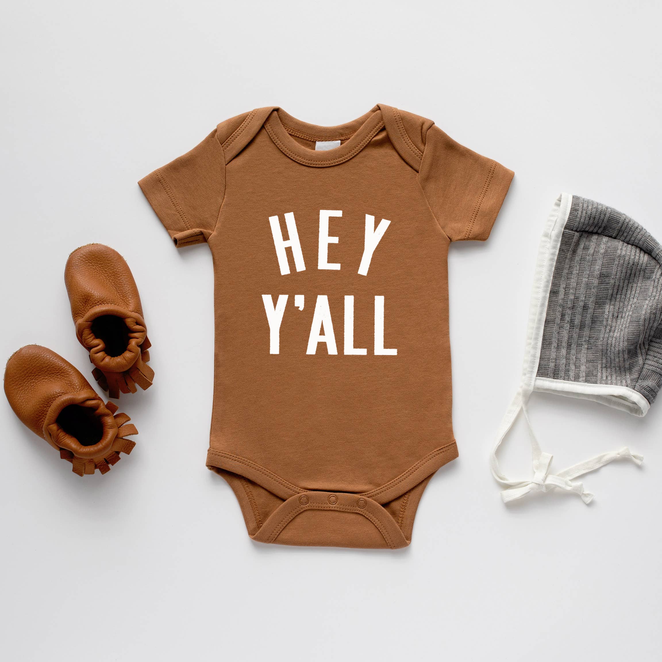 The Oyster's Pearl - Camel Organic Hey Y'All Baby Bodysuit