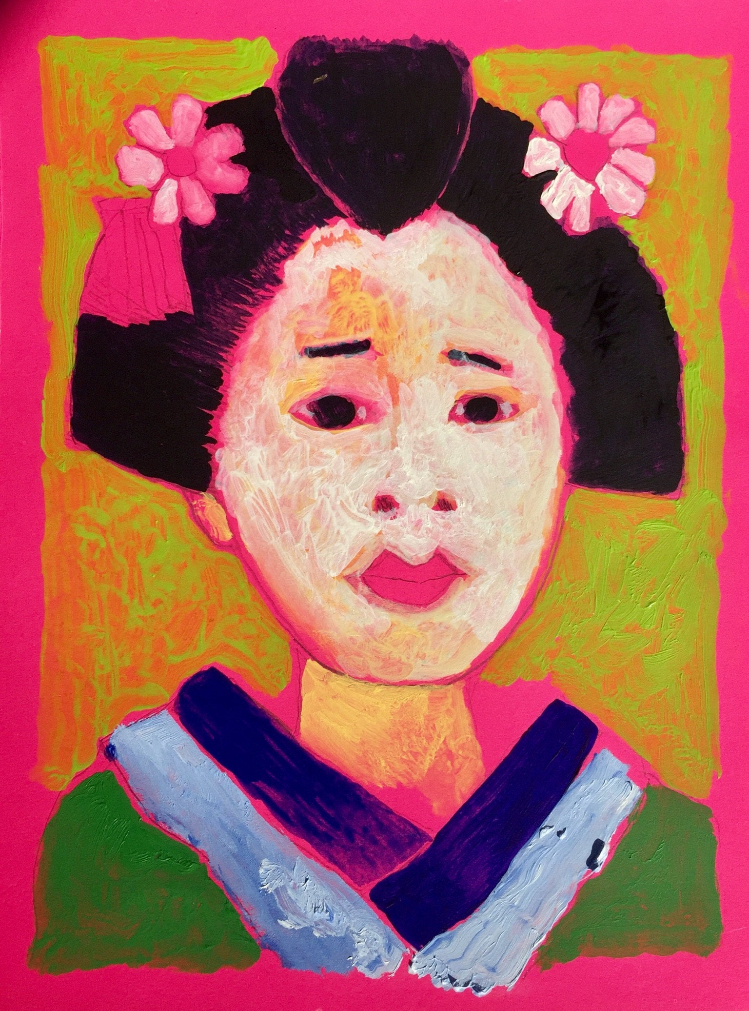 Original Painting, Pink Geisha, 8 x 10 Painting, Neon Art
